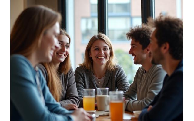 Skupina rôznorodých expatov pije kávu v modernom, príjemnom prostredí kaviarne v Bratislave, symbolizujúca spájanie komunity.