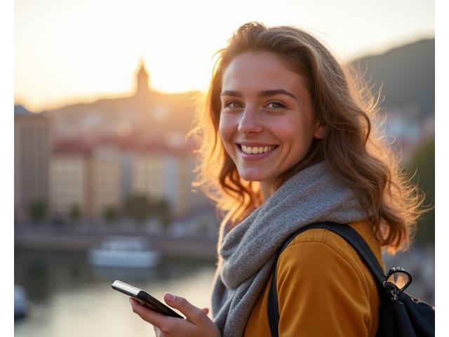 Mladý expat usmieva sa s tabletom v ruke, pred bratislavskou panorámou, symbolizujúci jednoduchosť bankovníctva pre zahraničných pracovníkov s podporou našej banky.
