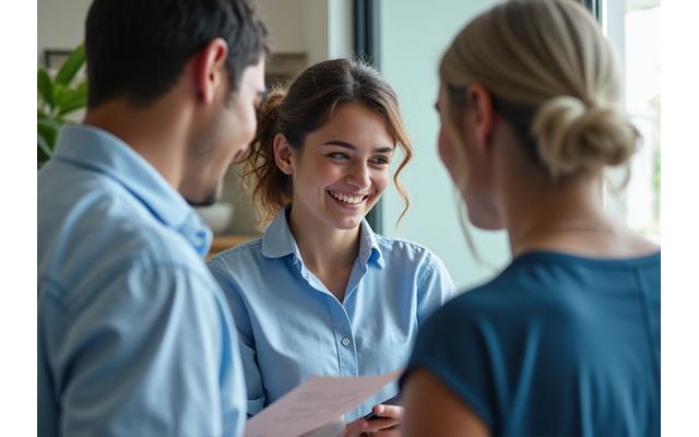 Žena rozbaľuje dokumenty so špecializovaným bankárom v modernom prostredí, symbolizujúce zjednodušený proces otvárania účtu pre expatov.