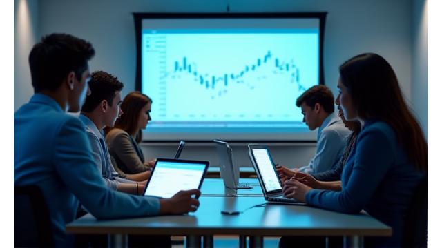 Skupina ľudí sledujúcich online webinár na notebooku s grafmi