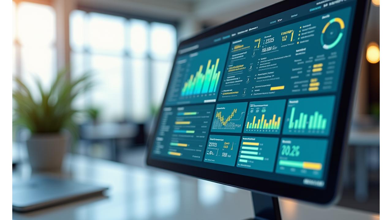 Interaktívny digitálny dashboard zobrazujúci ESG metriky, grafy a ukazovatele udržateľnosti
