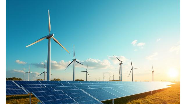 Panely solárnych elektrární a veterné turbíny na pozadí modrej oblohy, reprezentujúce ETF čistú energiu