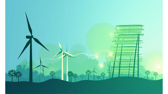 Ilustrácia zelených certifikátov pripojených k siluete veternej turbíny, symbolizujúcich zelené dlhopisy