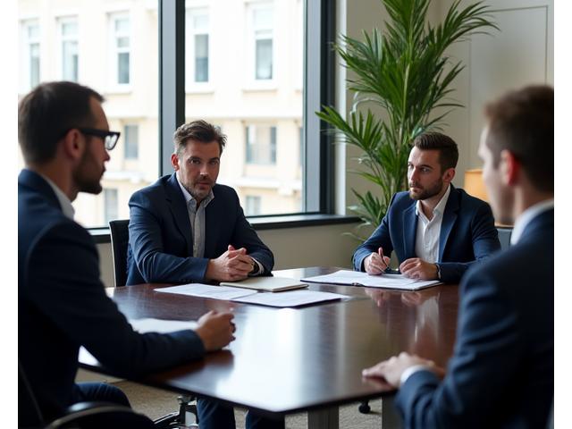 Skupina finančných poradcov počas stretnutia s klientom v súkromnej kancelárii
