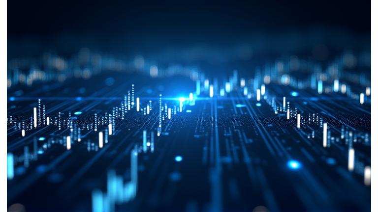 Futuristický obrázok zobrazujúci riadky kódu a finančné grafy symbolizujúce tech financie