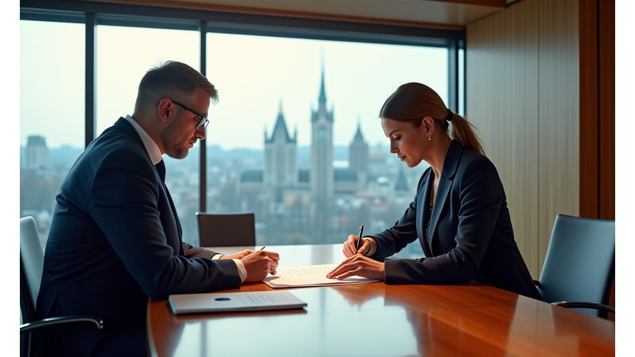 Elegantná kancelária s výhľadom na Bratislavu, dvaja profesionáli diskutujú finančné stratégie
