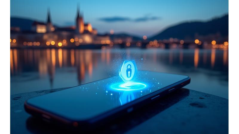 Moderná obrazovka mobilnej aplikácie pre bankovníctvo s vizuálnym symbolom zámku a zabezpečenia, v pozadí jemná silueta Bratislavy.